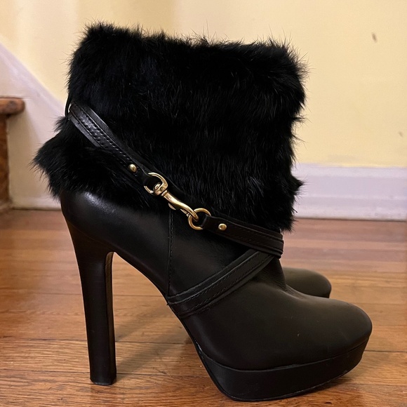 COACH Athena fur boots leather boot real RABBIT fur vintage boot Ankle Boot - Picture 2 of 6